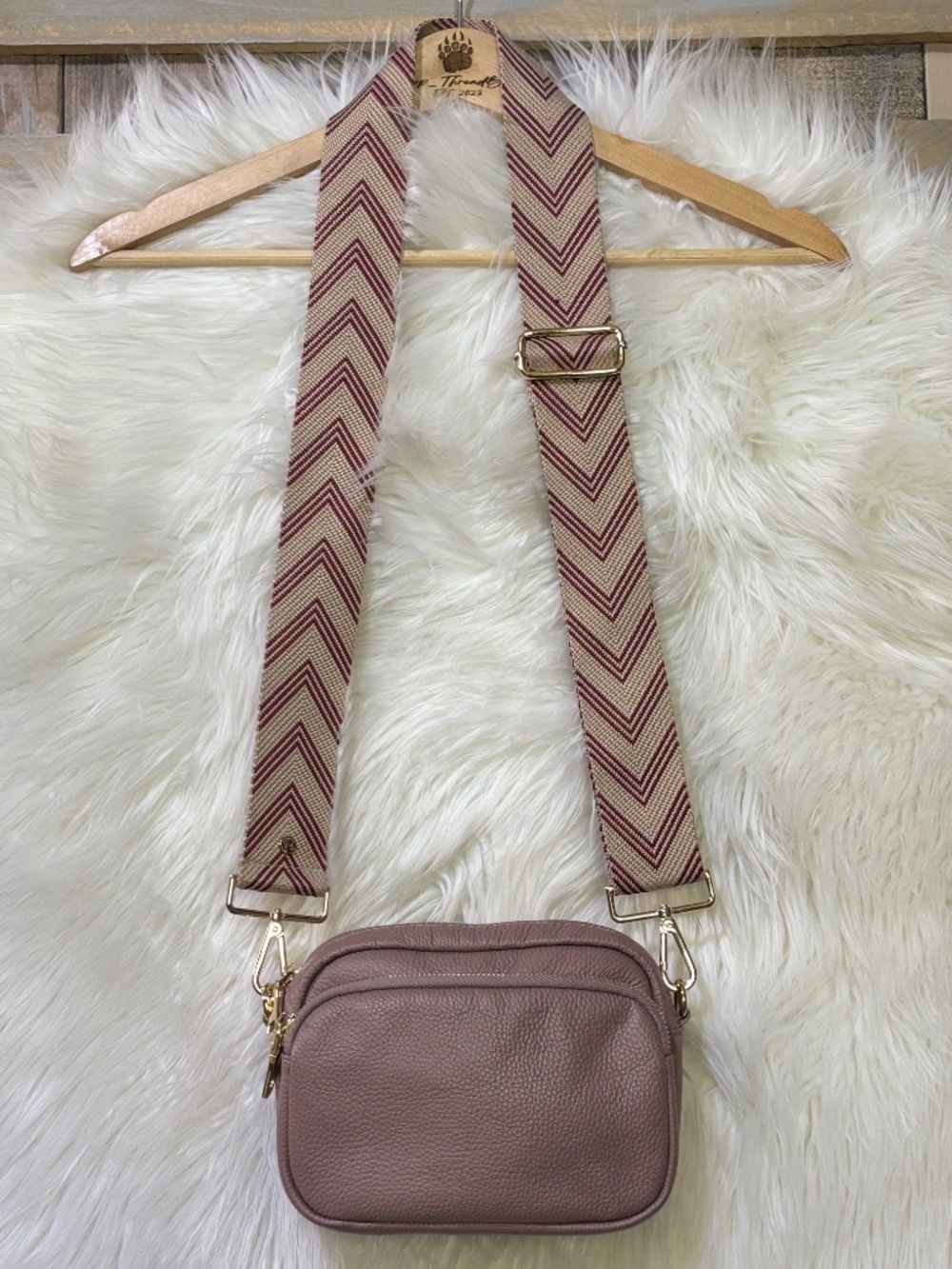 NWOT [Pom Pom · London] Leather Tan & Gold Chevron Crossbody Bag | Mauve Purse - Picture 15 of 16